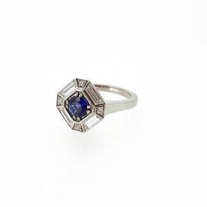 Sapphire Louisa Deco Ring with Rounds and Baguettes in Platinum - Size 6