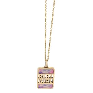 Baby Girl Necklace in Pink Swirl Enamel 14K Yellow Gold