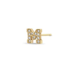 Pave Diamond Initial Letter Stud M 14K Yellow Gold