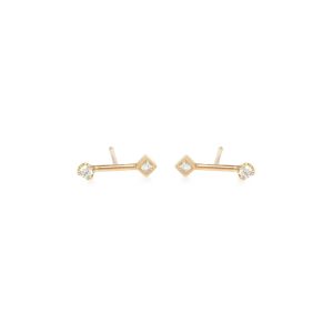 Barbell Prong and Princess Diamond Studs in 14K Yellow Gold