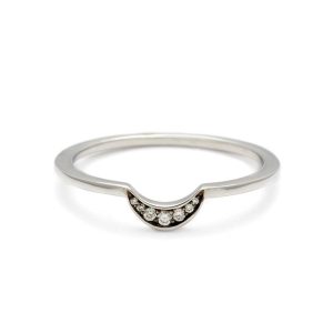 Tiny New Moon Band with White Diamonds in 14K White Gold & Rhodium