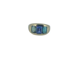 OOAK Three Emerald-cut Ring with Blue Sapphire, and Tourmaline in 18K Yellow - Size 7