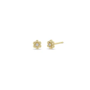 Tiny Bead Flower Studs with Diamond in the Middle in 14K Yellow