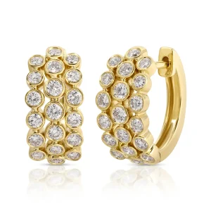 3 Row Diamond Bezel Huggies in 18K Yellow Gold