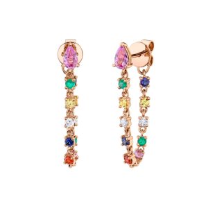 Pink Sapphire Pear Diamond and Multi-Colored Sapphire Loop Earrings in 18K Yellow Gold