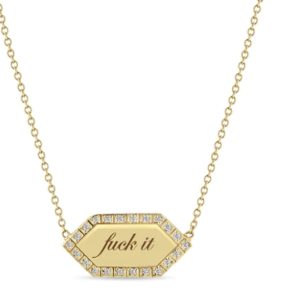 "Fuck It" Gold Hexagon Pendant with a Pave Diamond Border in 14K Yellow Gold
